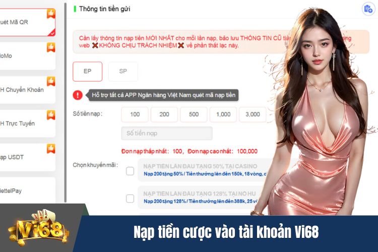 Nạp tiền cược vào tài khoản Vi68